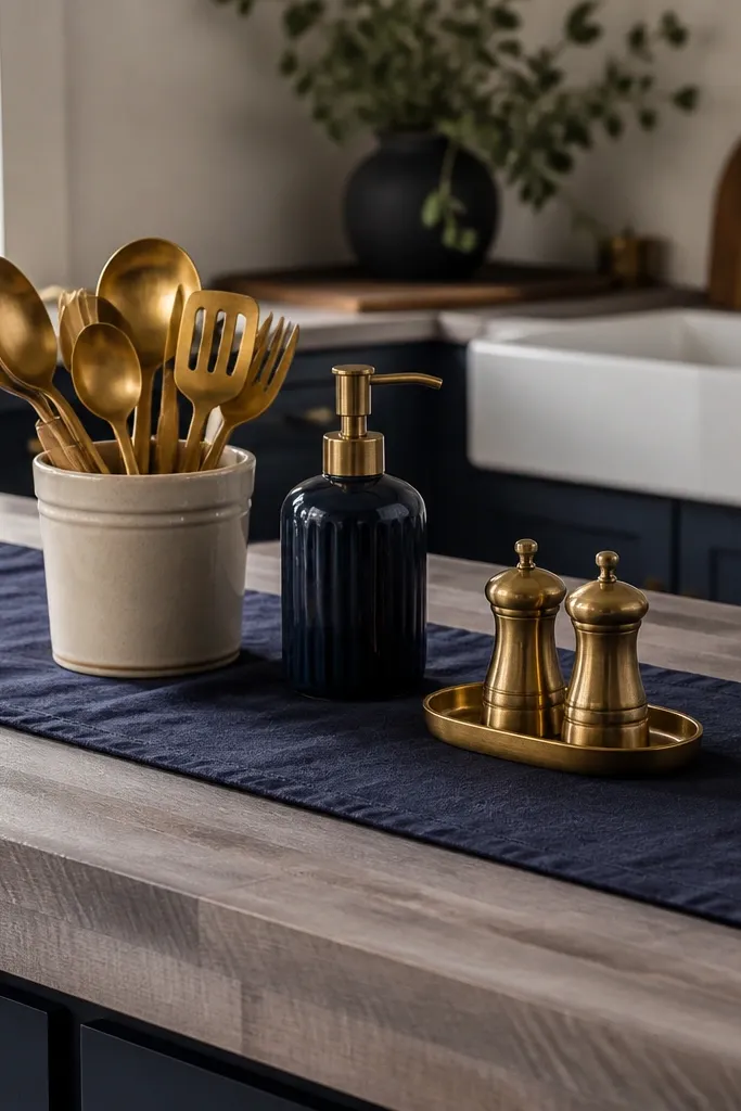 A cool grey-leaning butcher block countertop. A navy linen runner covers the center. Brass utensils in a crock, a navy ceramic soap dispenser, and a small brass tray hold salt and pepper shakers.