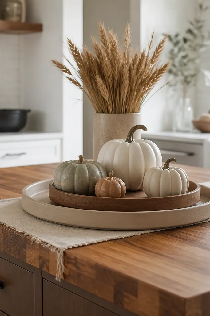 An island butcher block with a large neutral tray, a smaller wood tray on top, and a set of ceramic pumpkins in muted tones. A linen runner sits under the trays, and a bundle of dried wheat stands behind them.