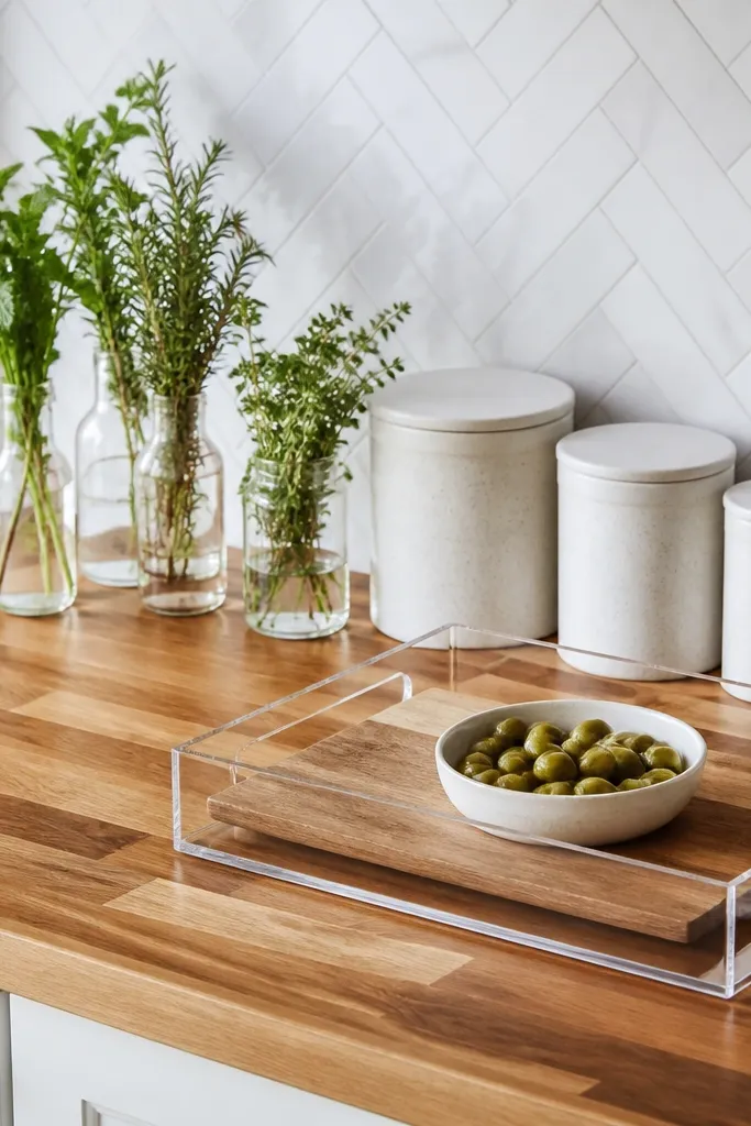A bright, clean butcher block counter. Clear glass bottles hold fresh herbs. White speckled containers line up near the backsplash. A clear acrylic tray holds a cutting board and a small bowl of green olives.