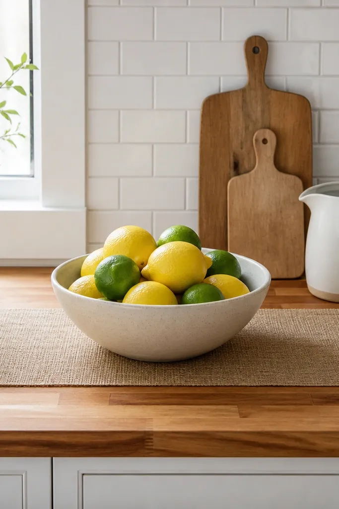 Butcher block countertop with a narrow runner in light tan. A single large ceramic bowl of lemons and limes sits centered. Two small cutting boards lean upright against the backsplash, and a simple white pitcher holds water.