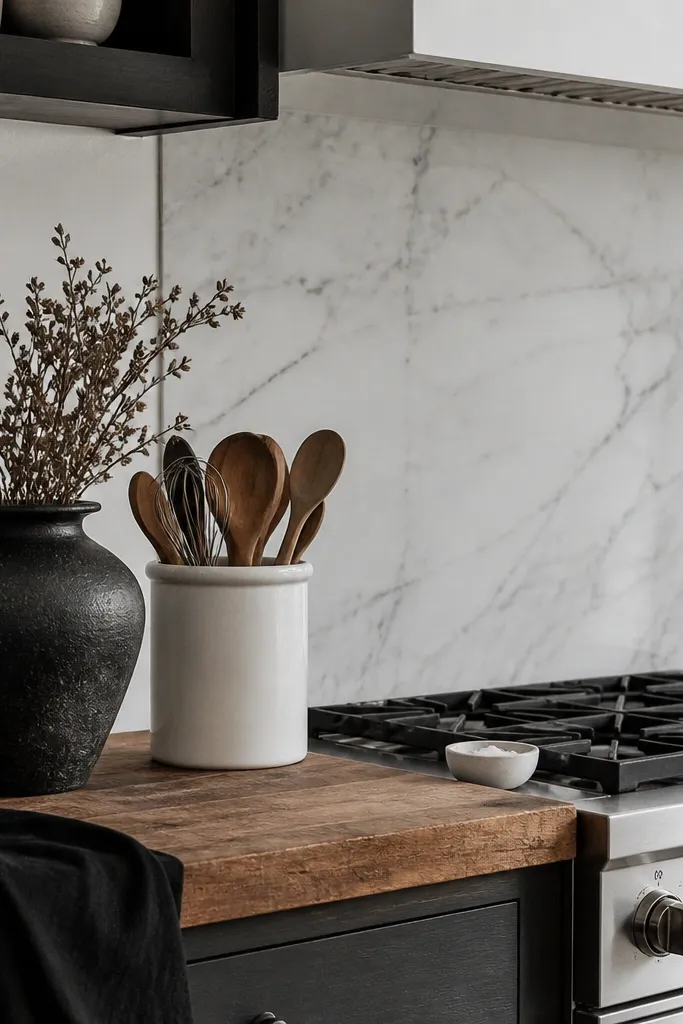 A black-and-white kitchen look. The butcher block counter has a black pottery vase with rough texture, a white ceramic utensil crock, and a black towel folded on the edge. A small white bowl of salt sits near the stove.
