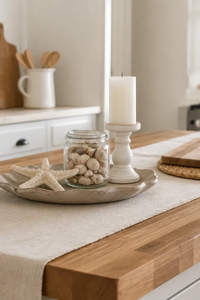 Butcher block countertop with a light beige runner. A driftwood-toned ceramic tray holds a starfish, a small glass jar of sand-colored shells, and a white candlestick. A woven placemat sits under a cutting board.