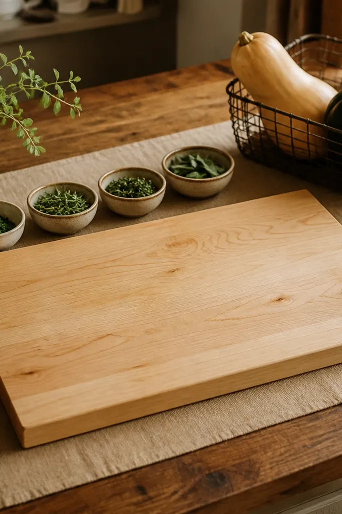 A butcher block counter with a linen runner in warm tan. A large maple cutting board sits flat on top. A row of small ceramic bowls holds chopped herbs, and a wire basket holds a couple of squash.