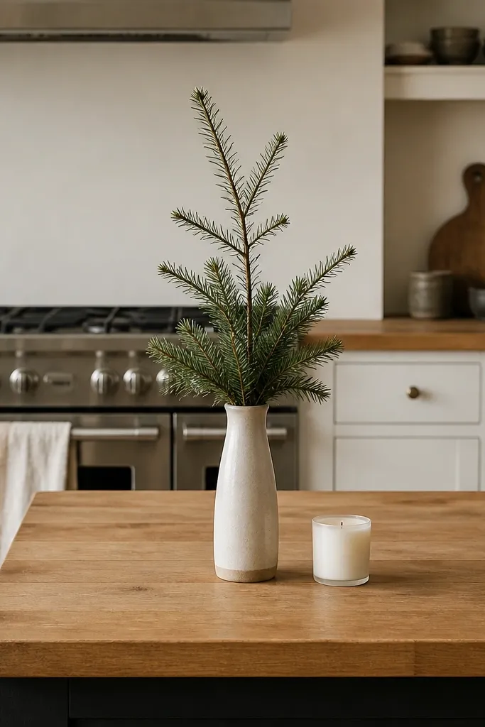 A mostly clear butcher block counter. Centered is a slender vase with a single evergreen branch and a few pine sprigs. A small white candle sits to one side, and a plain cotton dish towel hangs on the oven handle.
