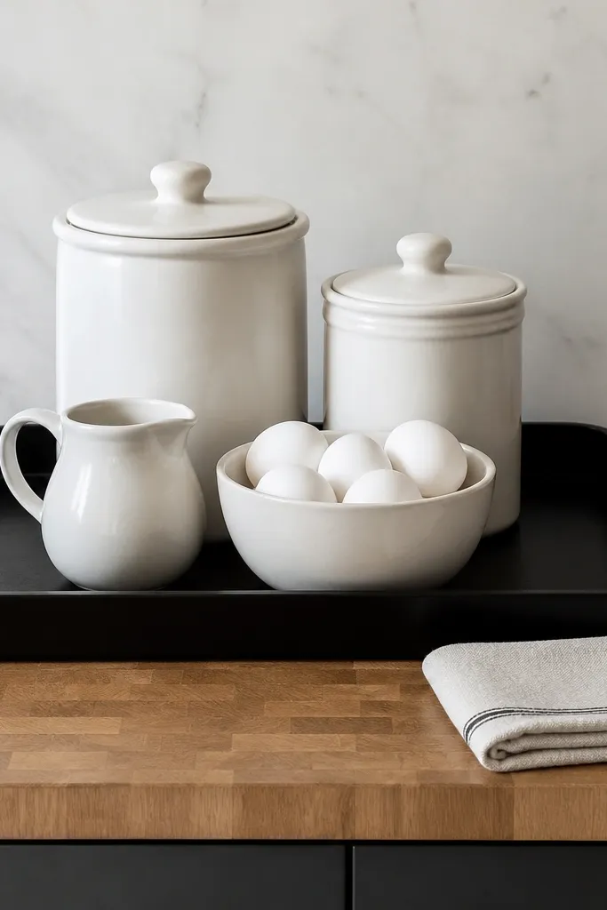 A butcher block countertop with a large matte black tray centered. On the tray are white stoneware canisters, a small pitcher, and a bowl of white eggs. Everything else is minimal, with only one towel folded neatly.