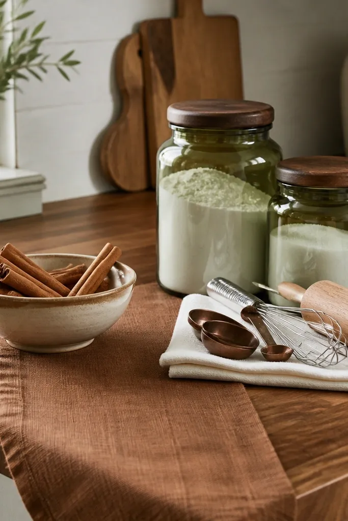 Butcher block counter with a cinnamon-brown runner. A ceramic bowl holds cinnamon sticks. Olive-green glass jars store flour and sugar. A small stack of baking tools rests on a white towel.