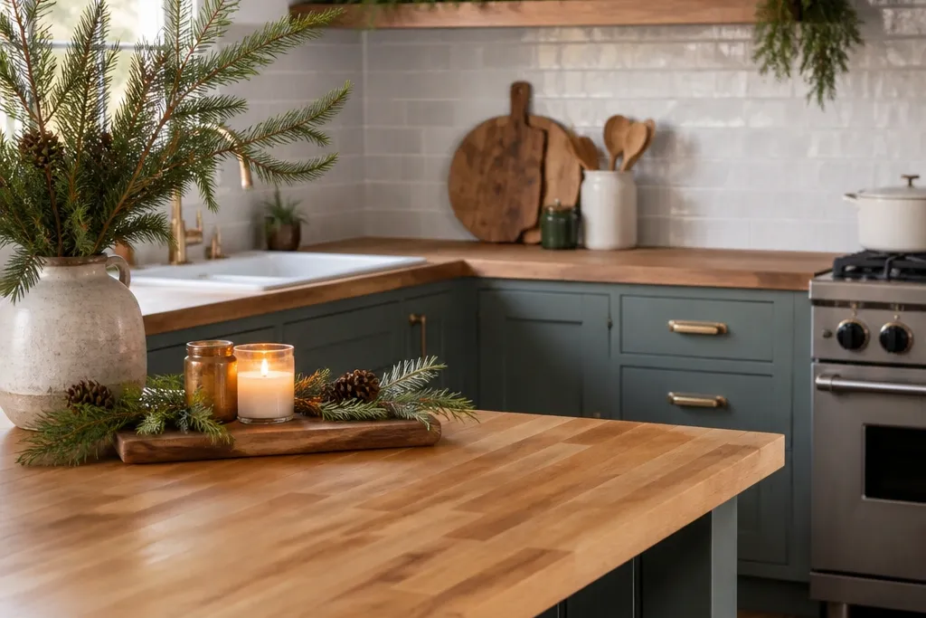 Seasonal evergreen kitchen butcher block countertops