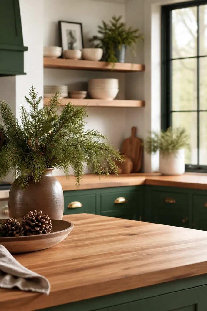 Seasonal evergreen kitchen butcher block countertops