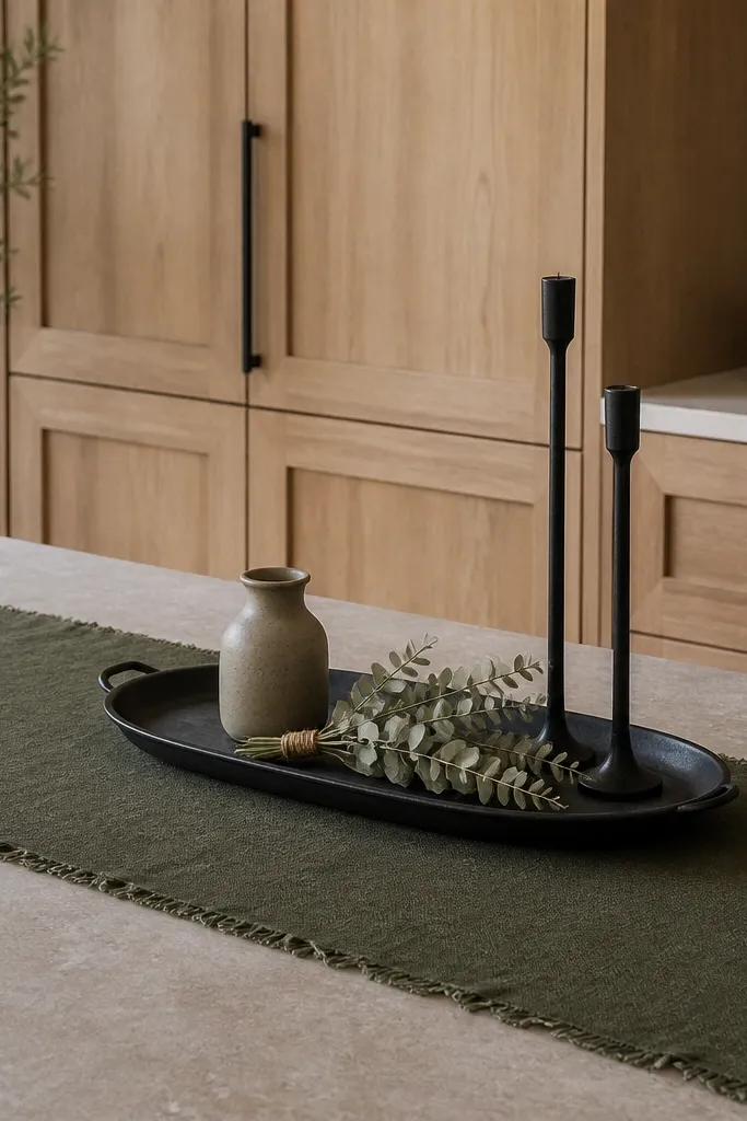 A long table runner in cedar green on a kitchen counter, with a matte black iron tray centered. On the tray are a small ceramic bottle, a bundle of dried eucalyptus, and two thin black taper holders. White oak cabinets fill the background.