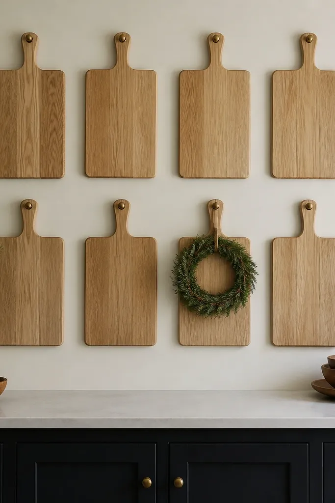 A tight grid of wall-mounted white oak cutting boards above a counter, with one board holding a small wreath ring made of evergreen stems. Black cabinet doors are visible below the boards.