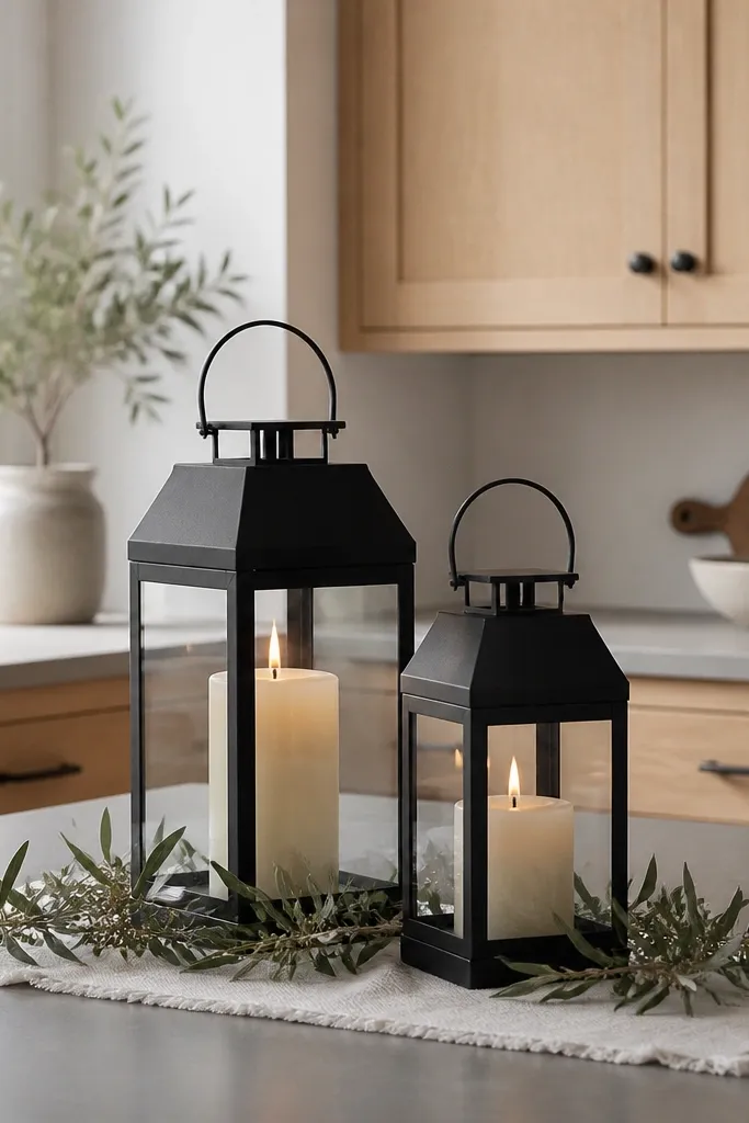 Two matte black lanterns on the counter, each with a cream candle inside. Olive sprigs drape around the base, and the lanterns sit on a small off-white cloth runner. White oak cabinets are in the background.