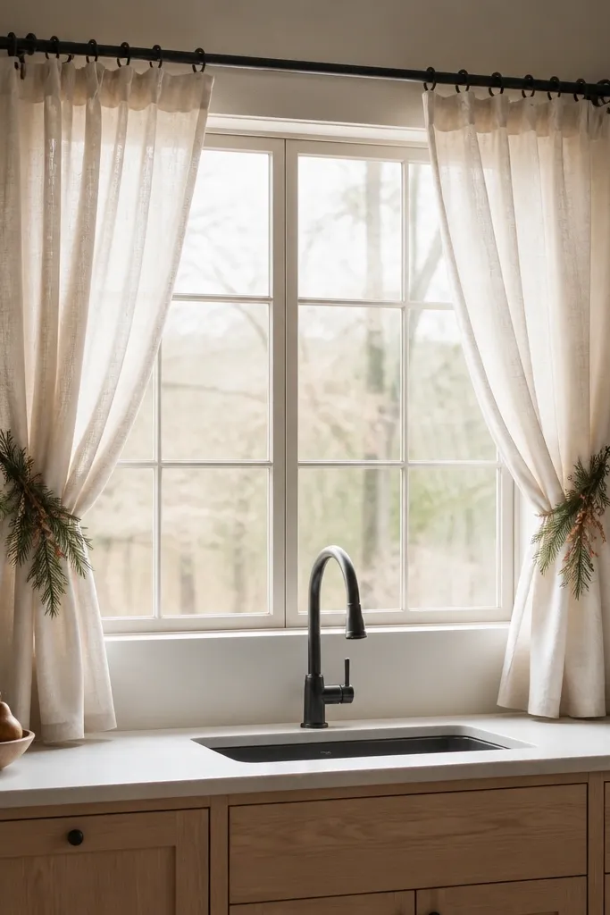 Ivory linen curtain panels at a kitchen window, hung from a matte black rod. Small evergreen tiebacks with dried berries hold the curtains to the side. White oak cabinets below the window.
