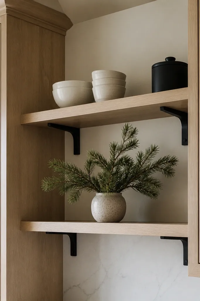 Open shelving with black brackets. A few white ceramic bowls, a black canister, and a small ceramic vase filled with evergreen branches sit on the shelf. White oak cabinets surround the shelf.