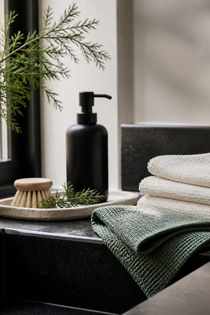 A black countertop soap dispenser, a stack of folded cream dish towels, and one folded towel in evergreen green near the sink. A small tray holds a wooden brush and a twig-like evergreen sprig.