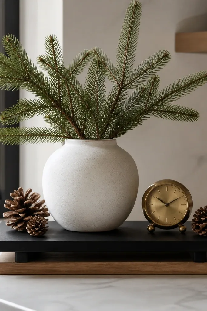 A black riser stand on the counter with a white oak accent base. A white ceramic vase with evergreen stems sits on top. Around it are a few pine cones and a small brass-toned clock.