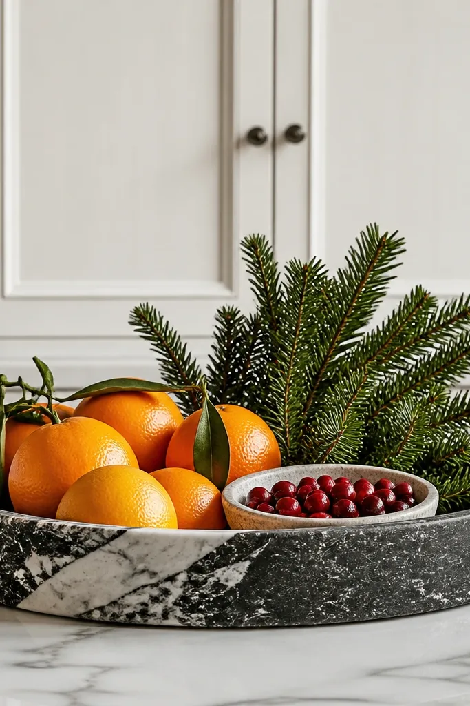 A stone-look tray in black and white on a counter. Inside are oranges, a small bowl of cranberries, and a short cluster of evergreen stems sticking up. White oak cabinets are behind.