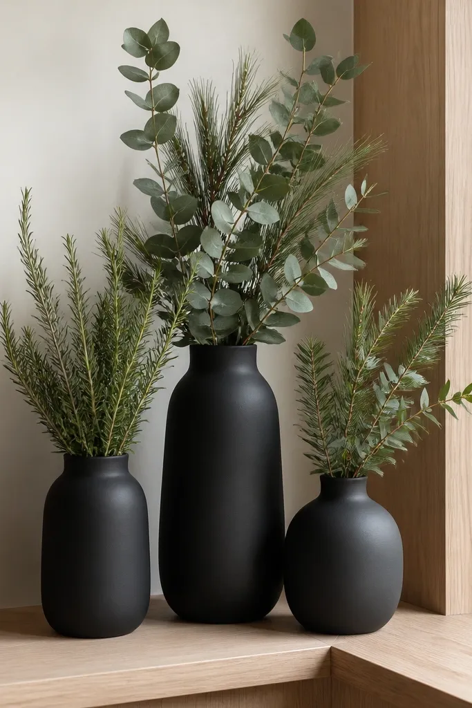 Three matte black vases of different heights on a corner ledge, with mixed greens like rosemary, eucalyptus, and small pine branches. The ledge and surrounding trim show white oak.