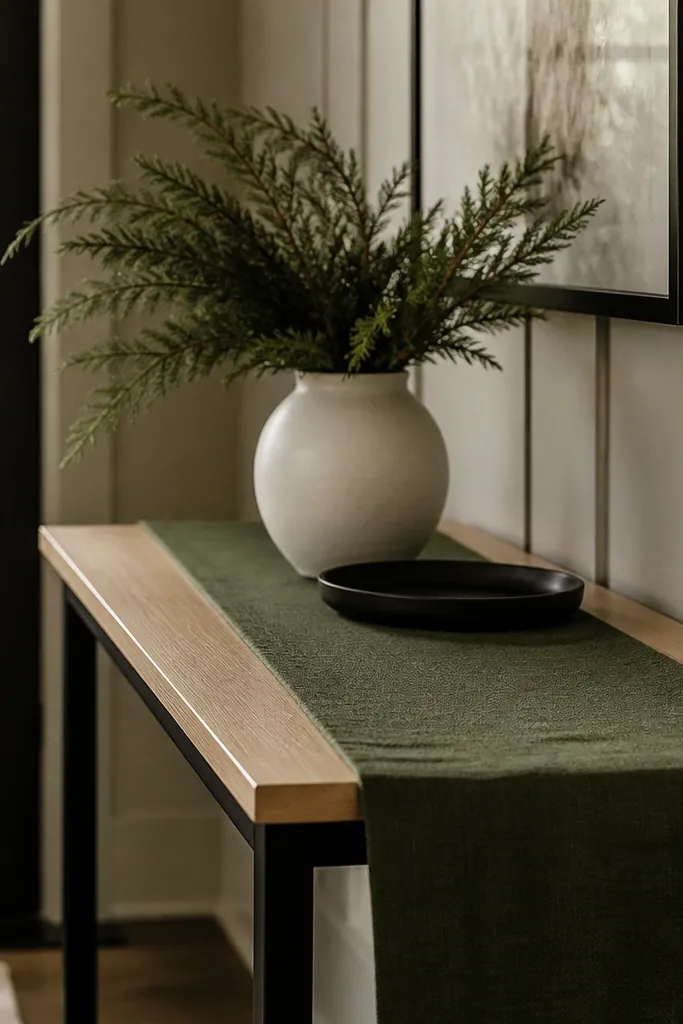 A narrow entry console with white oak top and black legs. A deep green runner runs down the length, with a small black tray and a white ceramic vase of evergreen stems.