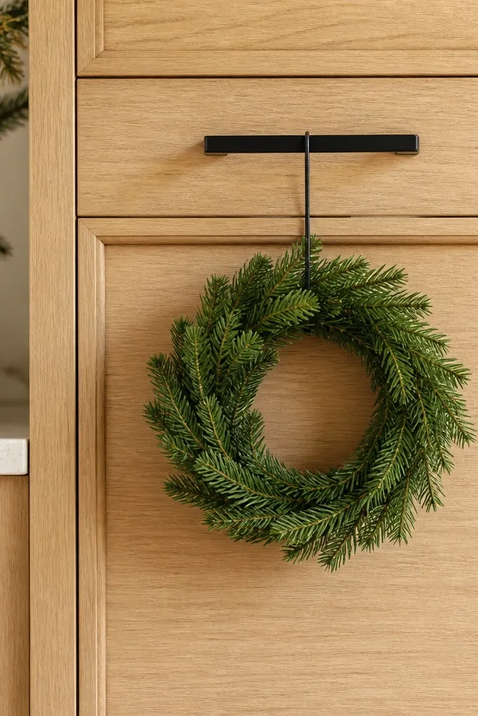 A small wreath ring made from evergreen stems hung from a cabinet door handle with a thin black hook. The ring sits centered on the black pull. White oak cabinets surround it.