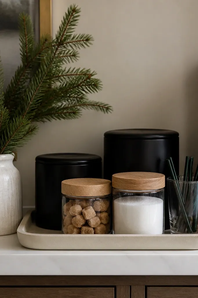A coffee bar on the counter with black canisters, a cream tray, and white oak-lidded jars. A small vase holds evergreen sprigs, and there are a few evergreen-colored stir sticks in a glass cup.