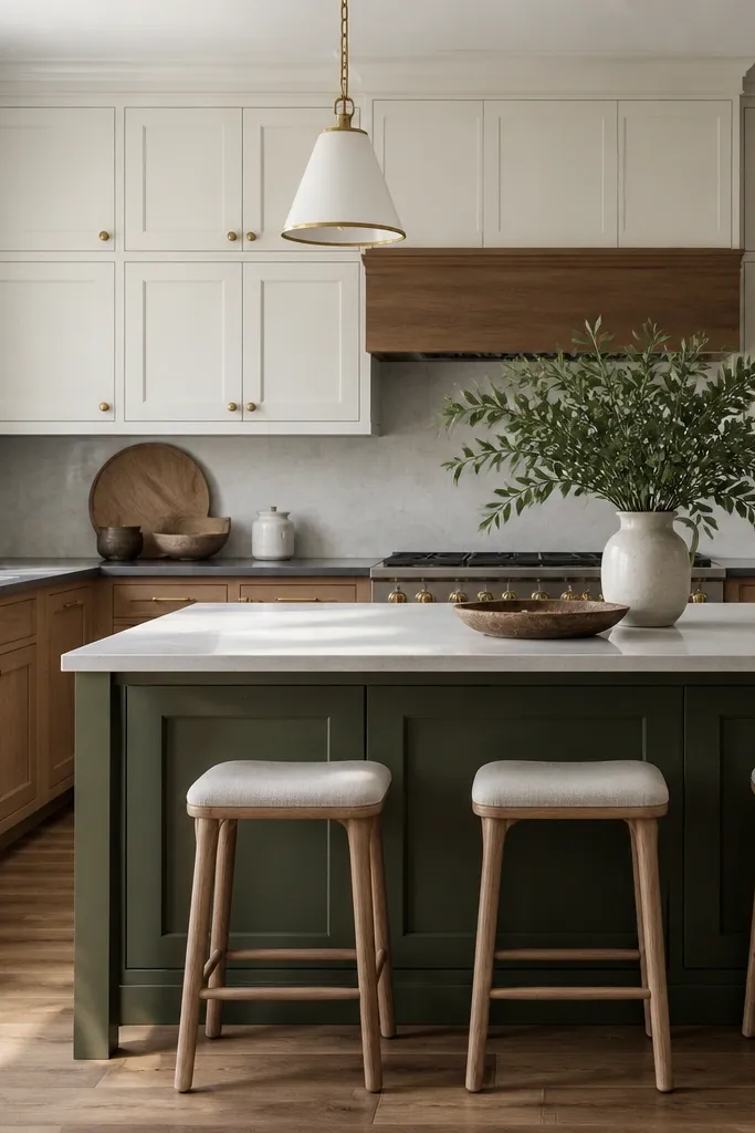 Seasonal evergreen oak and white kitchen cabinets
