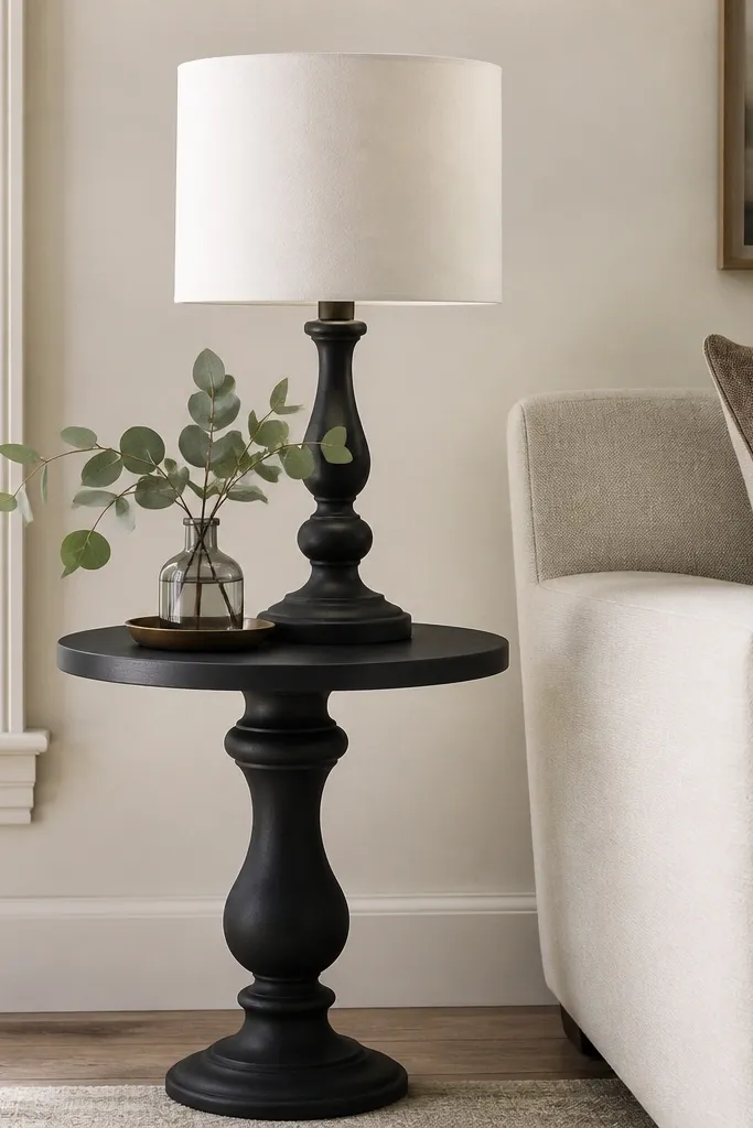 A matte black pedestal side table with a turned column base and a round top. A white linen drum lamp sits centered, with a small tray holding a short glass bottle and eucalyptus stems.