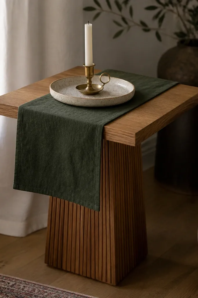 A warm oak pedestal side table with a square top and a fluted pedestal. On top sits a long runner in deep forest green and a ceramic tray with a small brass candle holder.