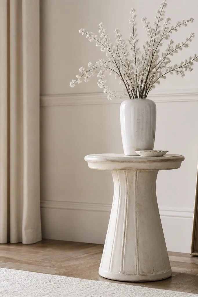 An antique white pedestal side table with a flared base. A tall white ceramic vase holds pale branches dusted in white, and a small framed picture leans against the wall behind the table.