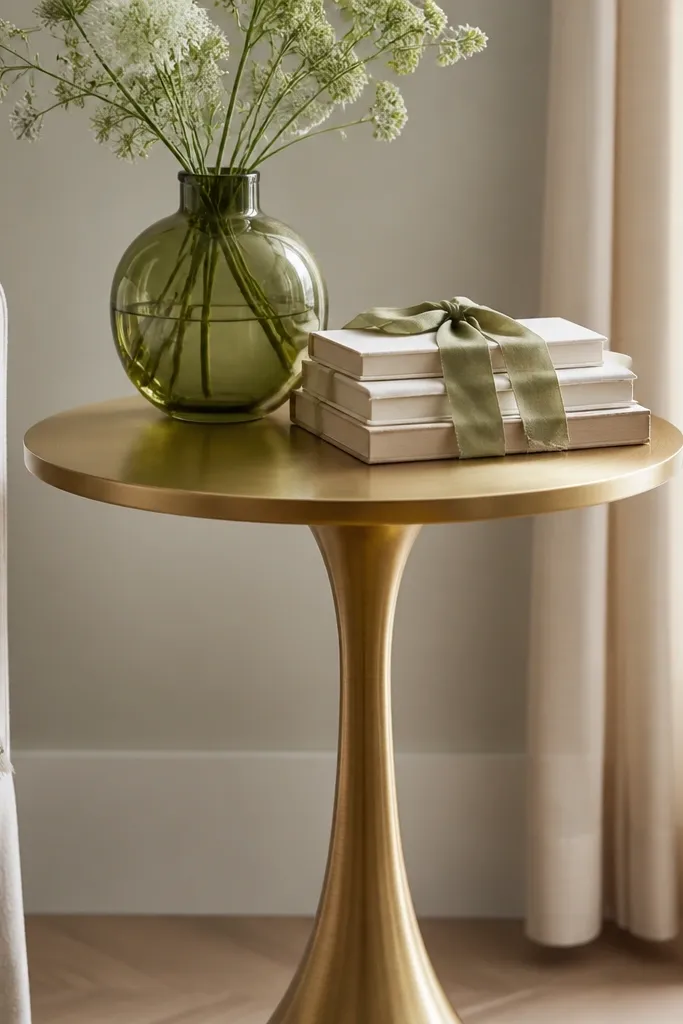 A brushed brass pedestal side table with a round top and a slim base. A sage-green glass vase sits beside a small stack of books wrapped with a ribbon.
