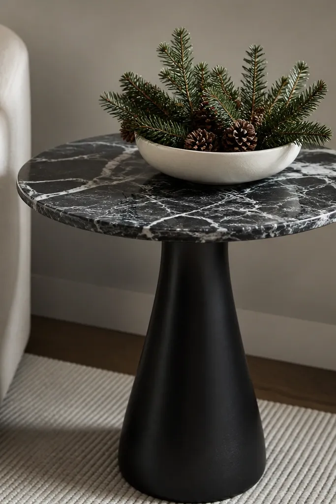 A pedestal side table with a marble-pattern top in black and white. On top is a white shallow bowl filled with small evergreen sprigs and pinecones.