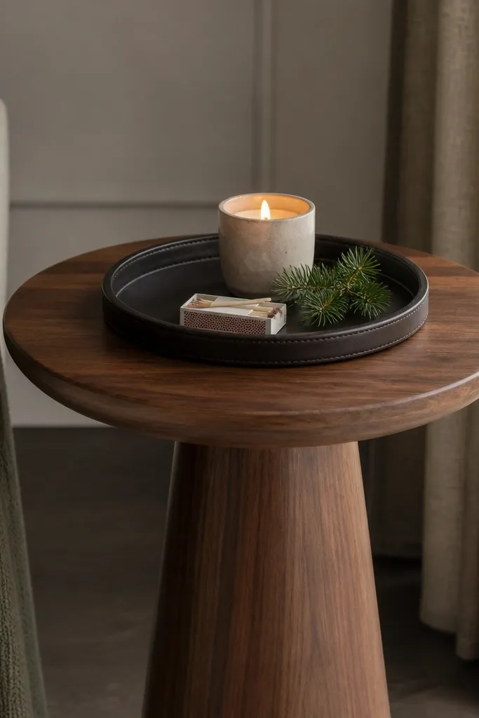 A satin walnut pedestal side table. A dark leather tray sits centered with a small candle, a matchbox, and a mini evergreen sprig tucked near the candle base.