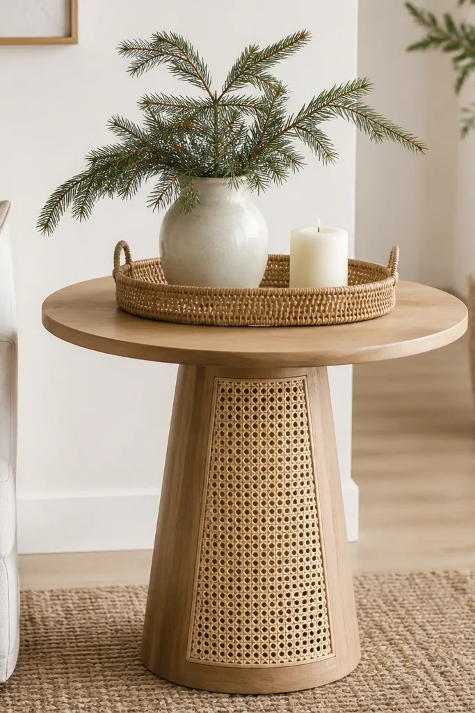 A pedestal side table with a cane or rattan panel detail at the base and a light wood top. A rattan tray holds a small vase with evergreen stems and a cream candle.
