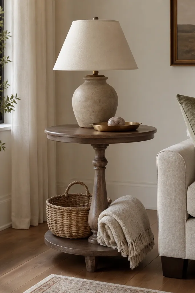 A tall pedestal side table with a round top and a lower shelf. On the top sits a lamp and a small tray; on the lower shelf sits a basket and a folded throw.