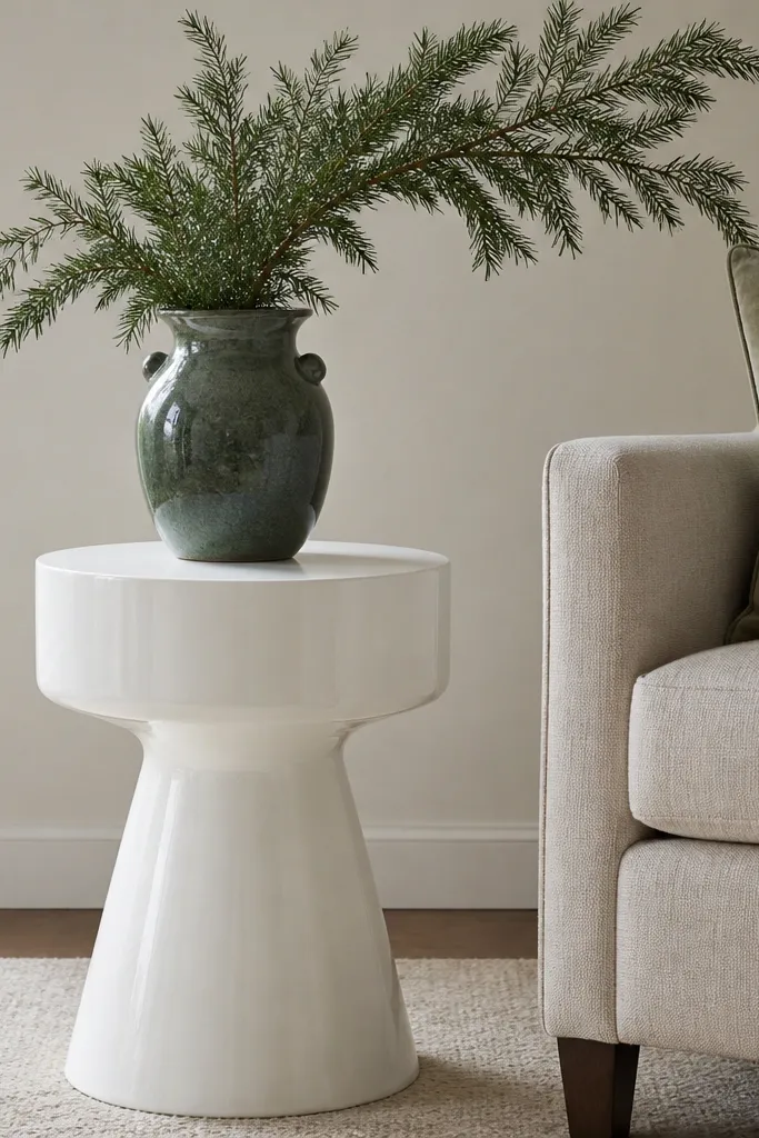 A white lacquer pedestal side table with a glossy but smooth finish. A green ceramic urn sits on top with a curved arrangement of evergreen branches.