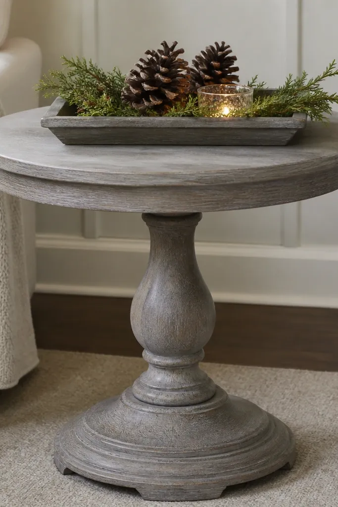 A gray wash pedestal side table with a carved pedestal base. A rectangular tray holds pinecones, cedar sprigs, and a small glass votive.
