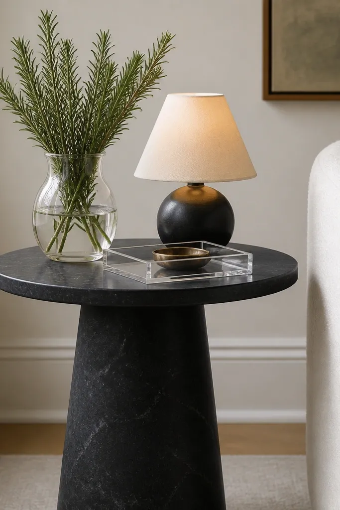 A black stone-look pedestal side table with a round top. A clear glass vase holds fresh rosemary sprigs, and a clear acrylic tray sits beside a small lamp.