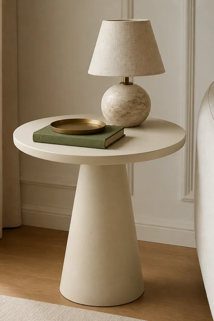 A cream pedestal side table with a tapered column base. A small table lamp sits near the back, and a green book stack with a thin brass tray sits near the front.