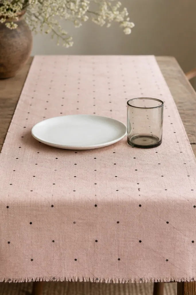 A long blush-pink linen table runner laid down the center of a dining table. The runner has a subtle black dot grid pattern spaced evenly, and it ends with raw, slightly frayed edges. On top sits a white ceramic plate and a small black-rimmed tumbler.