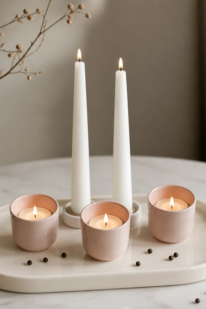 A glossy creamy-white ceramic tray with two black side handles. Three small blush candle cups sit in a row, and there are two white taper candles in the center. A few black peppercorns are scattered as a styling touch.