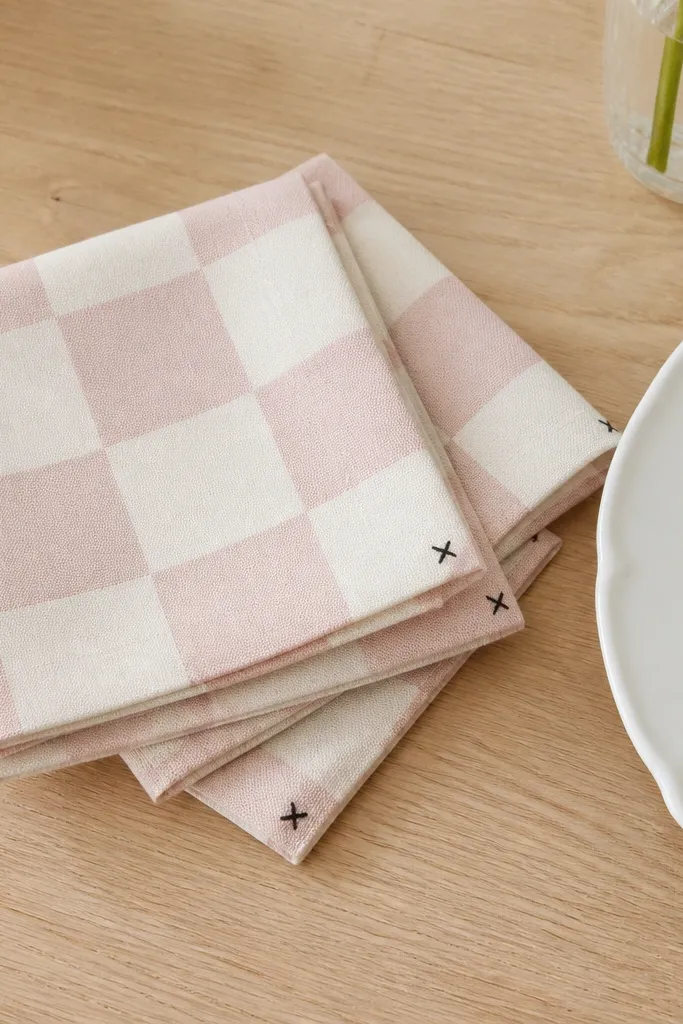 Folded square napkins in a pale pink and creamy white checker pattern. Each napkin corner has a tiny black embroidered stitch. The napkins are placed beside a white plate on a light wood table.