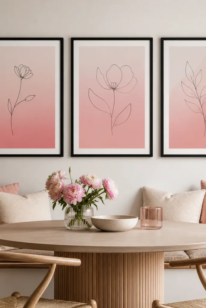 A three-piece wall gallery above a dining nook. Each frame is matte black, and inside are pink and white prints with simple line drawings and soft gradient backgrounds. The frames are aligned in a neat grid.