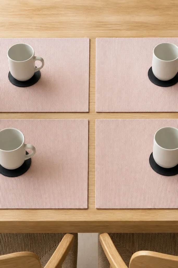 Four blush ribbed placemats arranged in a grid. Each place setting has a small black leather coaster centered under a white mug. The table surface is light wood.