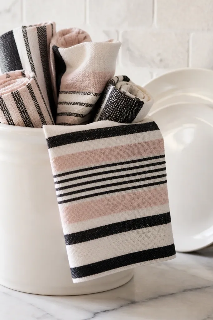 A white ceramic crock on the counter filled with rolled dish towels. The towels are striped in black and pale blush, with one towel folded so the stripes show clearly. A couple of white plates sit behind the crock.