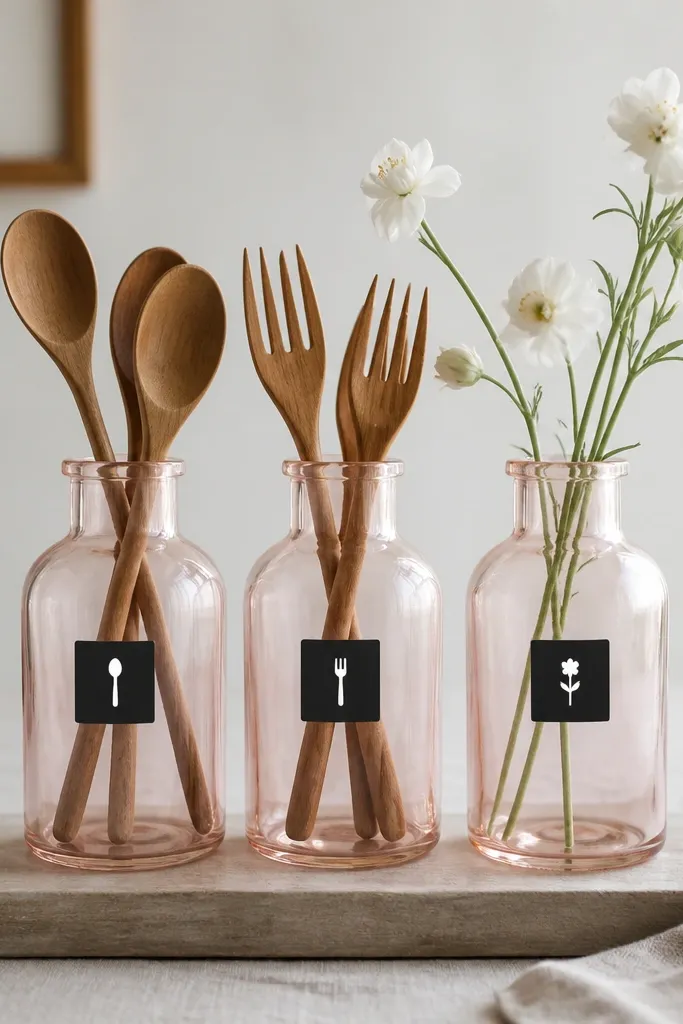 Three clear glass bottles tinted pale pink. They hold wooden spoons, forks, and a few short white flowers. Each bottle has a small black label with white text and a simple icon.