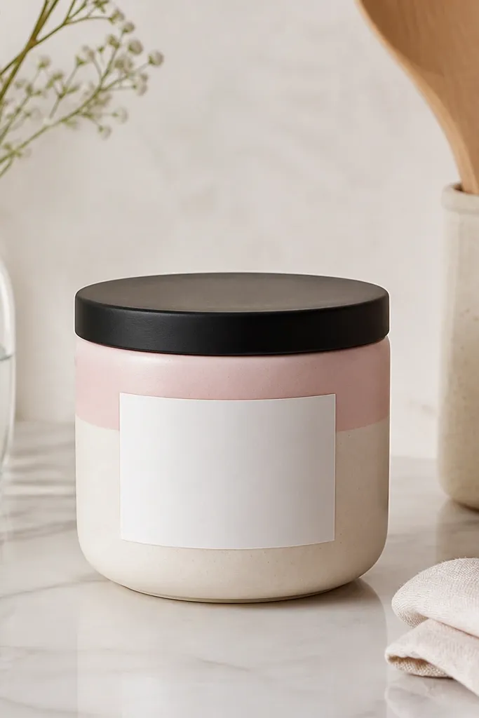 A round sugar jar with a creamy white base and a blush band near the top. The lid is matte black. A simple sticker on the front is white with black text.