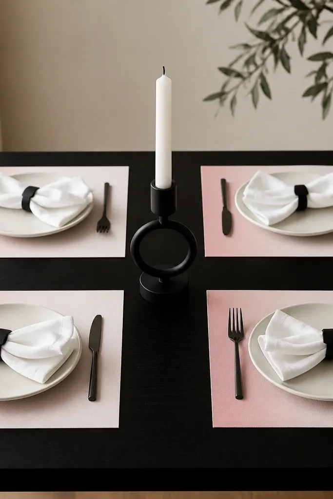 Four placemats with a gentle pink-to-white ombre gradient. Each place setting has a white napkin folded in a square and held with a matte black ring. A black candle holder sits at the center.