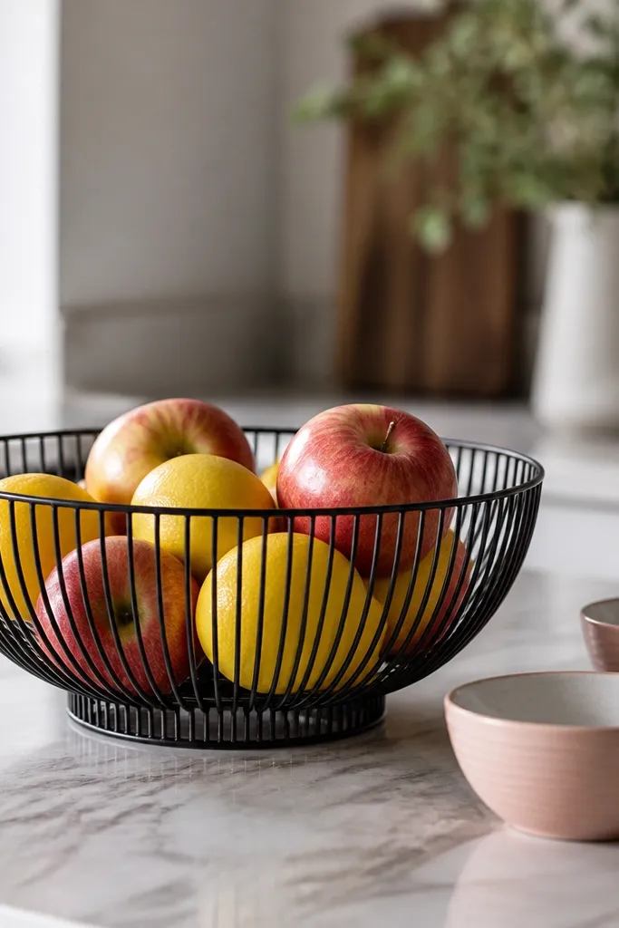 A black wire fruit bowl on a kitchen counter. Inside are apples and lemons. On the counter beside it are two blush ceramic mini bowls with white interiors.