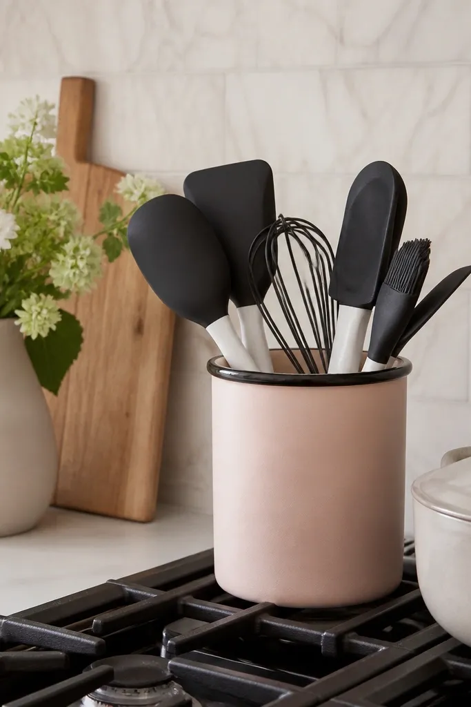 A blush ceramic utensil crock on the stove. Inside are black silicone spatulas and a few white-handled tools. The crock has a matte finish with a small black rim.
