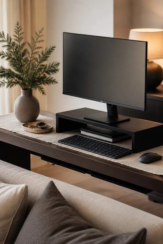 A slim dark wood console in a living room with a monitor centered on a black riser, a linen runner across the top, a ceramic catch-all tray near the keyboard, and small evergreen sprigs in a matte vase. Warm lamp light, neutral pillows, and a cable channel under the console are visible near the back.