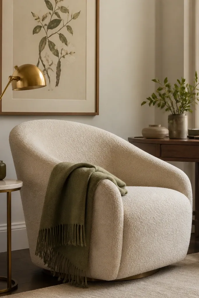 A corner of the living room with a cream boucle accent chair, a small round side table holding a brass desk lamp, and a compact desk placed behind the chair. A green throw is draped over the chair arm, and a framed botanical print hangs on the wall behind the lamp.
